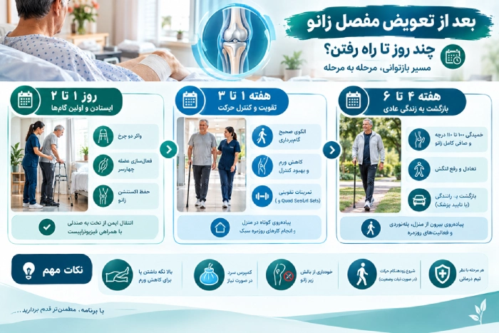 چند روز بعد از تعویض مفصل زانو میتوان راه رفتچند روز بعد از تعویض مفصل زانو میتوان راه رفت